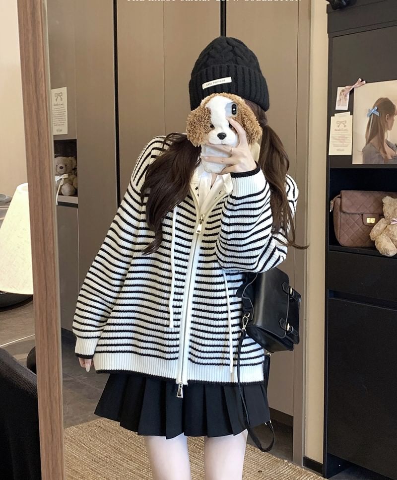 Zip-Front Striped Hooded Knit Cardigan