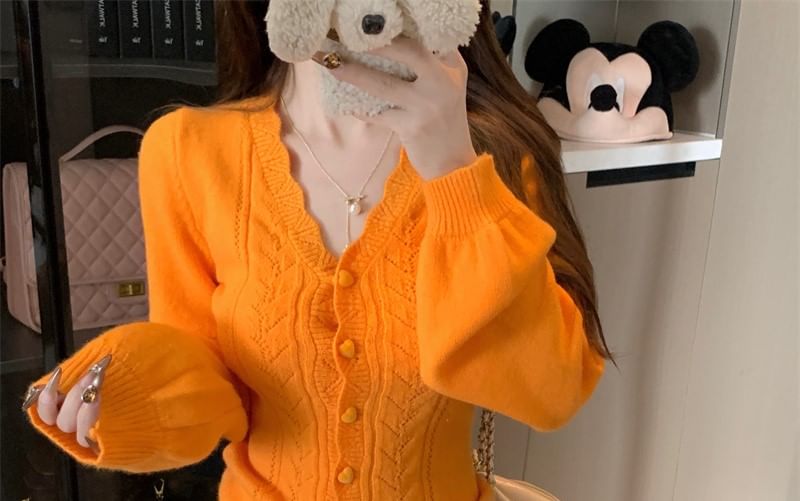 Pointelle Knit V-Neck Cardigan
