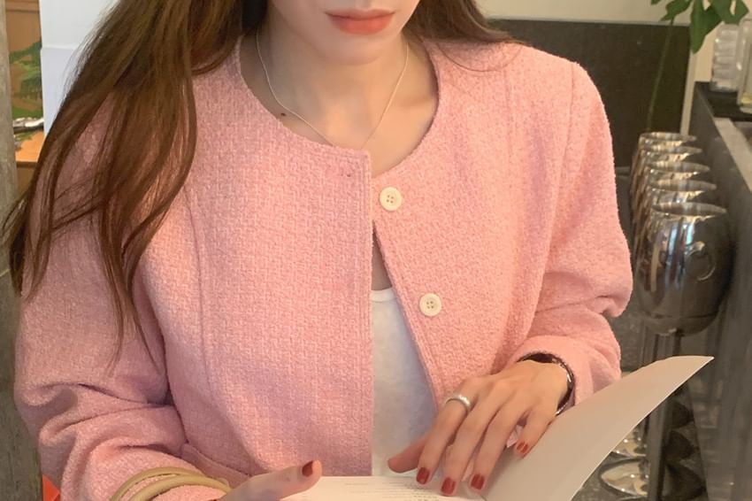 Crew Neck Double-Breasted Plain Tweed Jacket