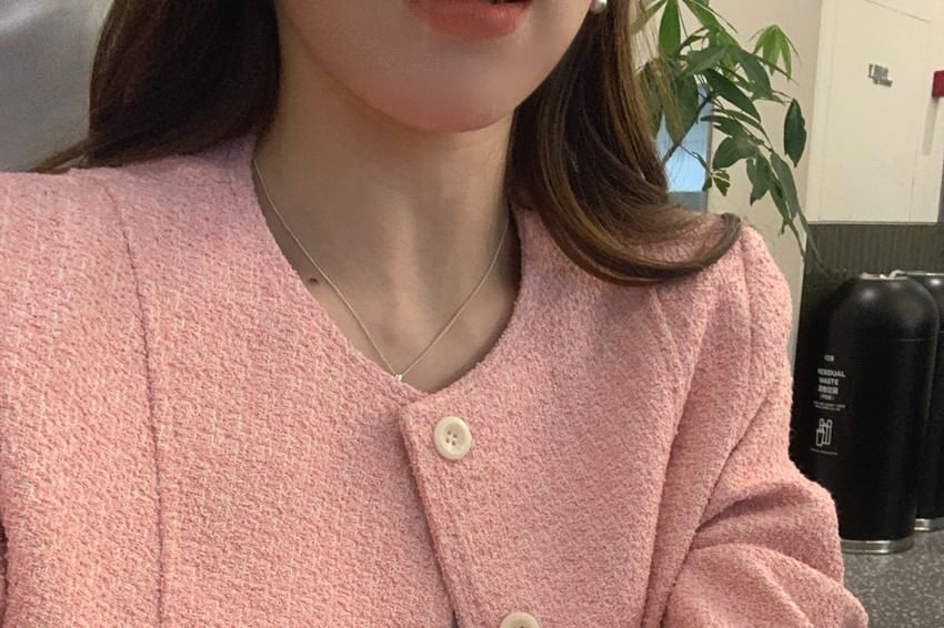 Crew Neck Double-Breasted Plain Tweed Jacket