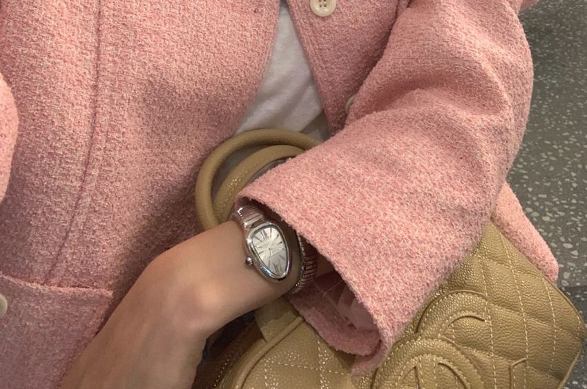 Crew Neck Double-Breasted Plain Tweed Jacket