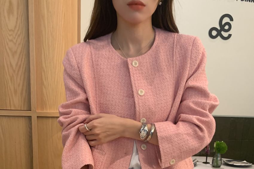 Crew Neck Double-Breasted Plain Tweed Jacket