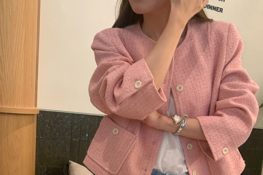 Crew Neck Double-Breasted Plain Tweed Jacket