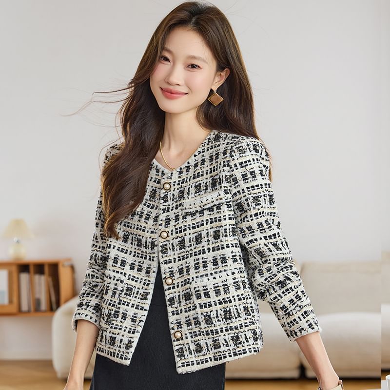 Round Neck Tweed Faux Pearl Button Jacket