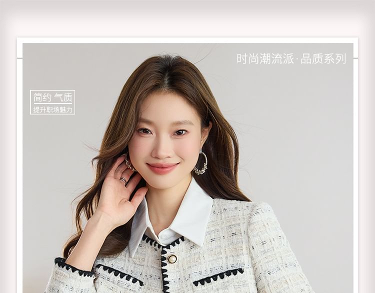 Round Neck Tweed Faux Pearl Button Jacket