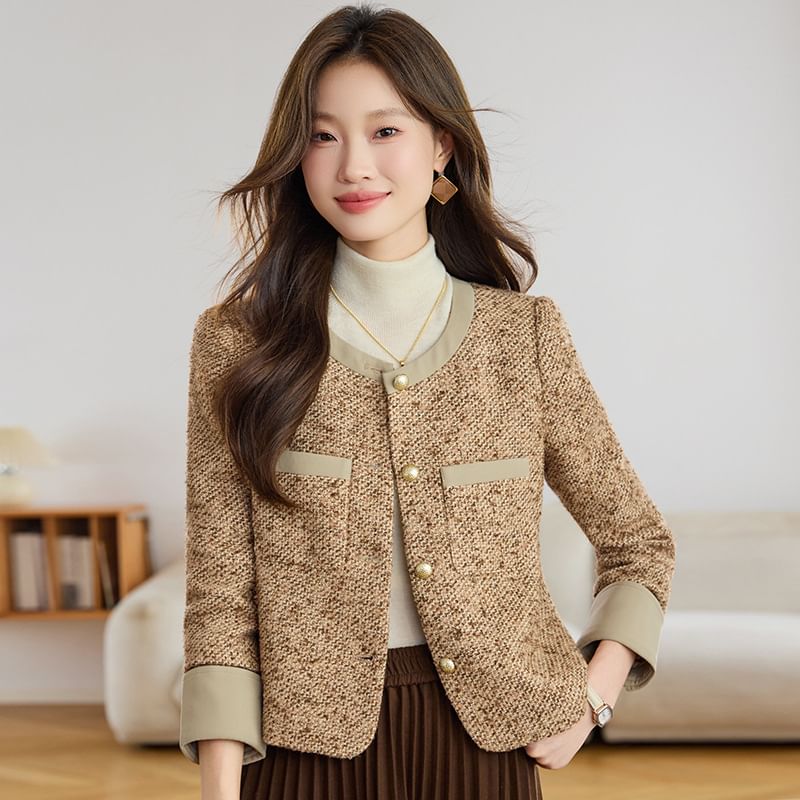 Round Neck Panel Tweed Button Jacket