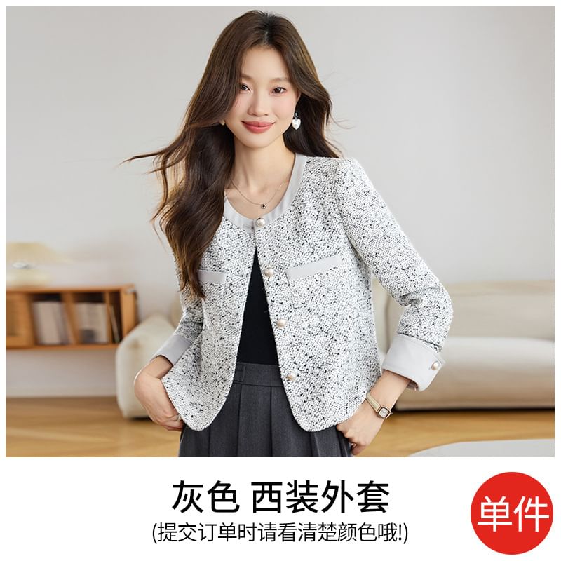 Round Neck Panel Tweed Button Jacket