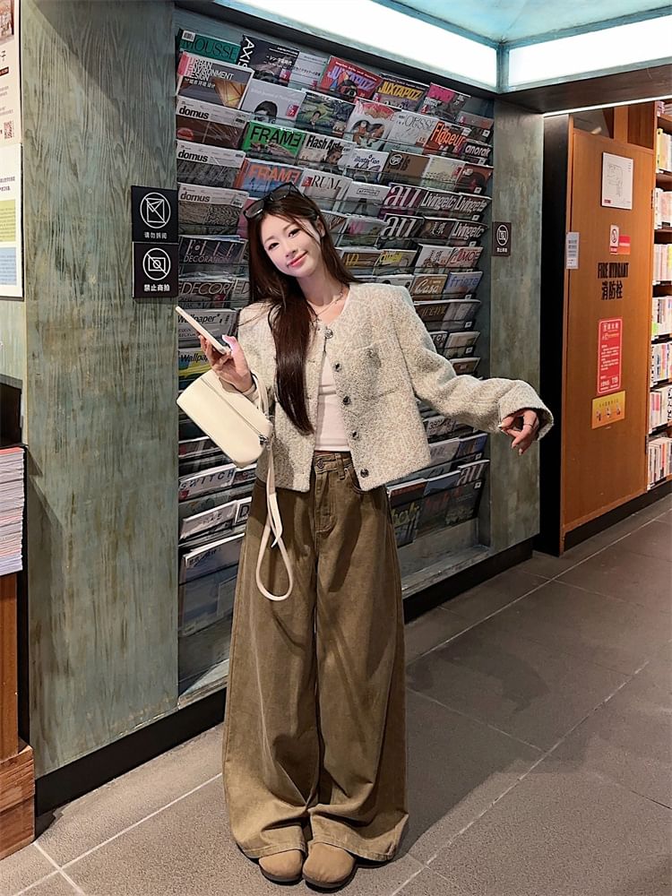 Crew Neck Button-Up Tweed Crop Jacket / High Rise Plain Wide Leg Jeans