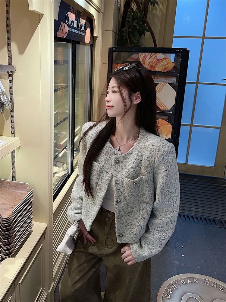 Crew Neck Button-Up Tweed Crop Jacket / High Rise Plain Wide Leg Jeans