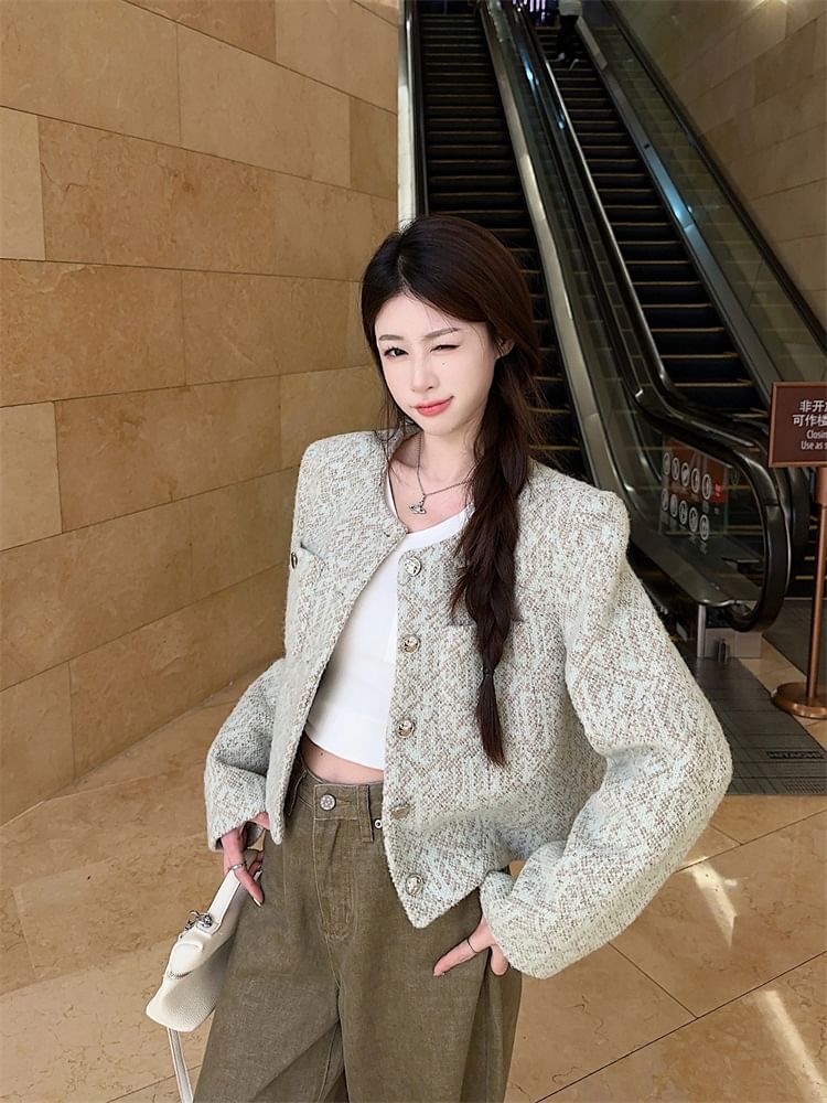 Crew Neck Button-Up Tweed Crop Jacket / High Rise Plain Wide Leg Jeans