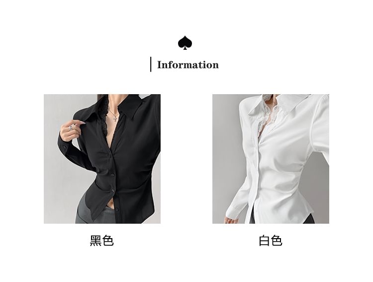 Lace-Trimmed Long Sleeve Button-Down Shirt