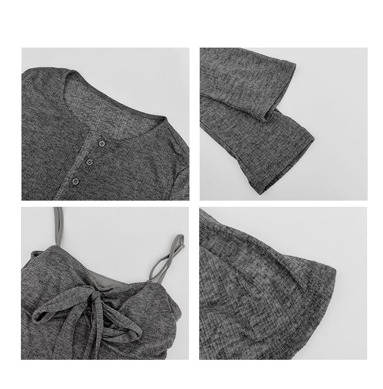 Two-Piece Set: Lightweight Cropped Jacket & Bow-Accent Peplum Cami