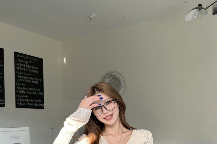 Asymmetric Slit V-Neck Long Sleeve Ribbed Knit Top