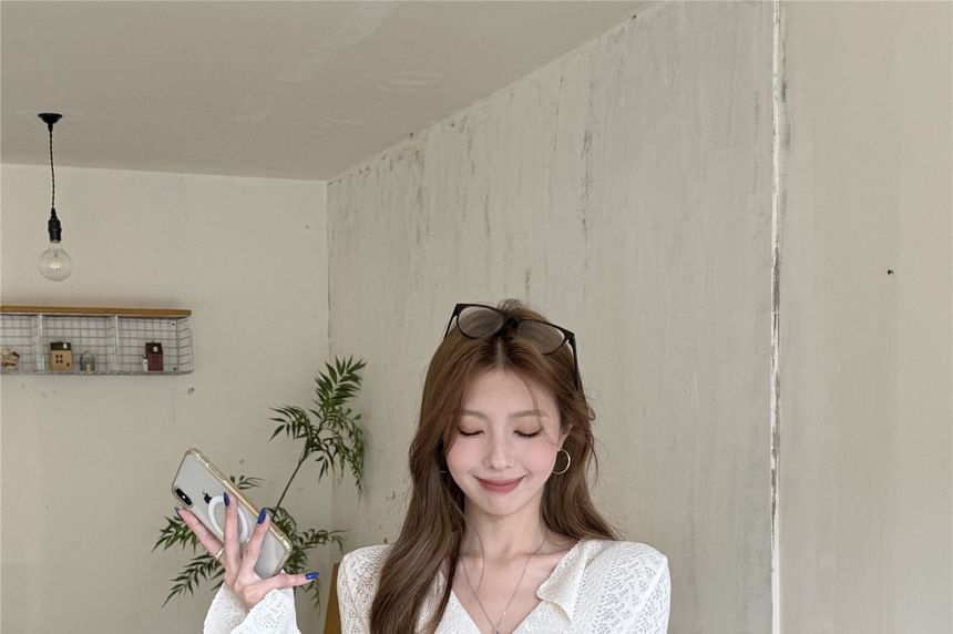 Asymmetric Slit V-Neck Long Sleeve Ribbed Knit Top