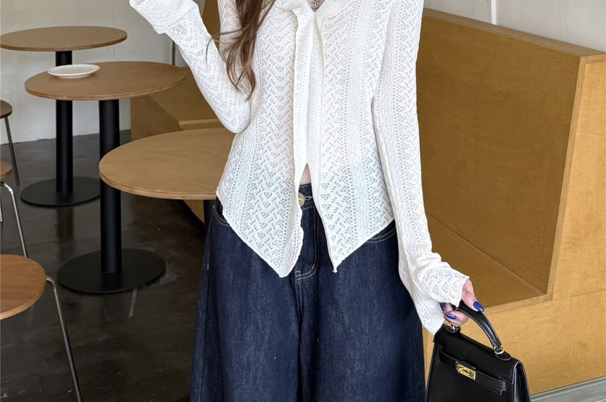 Asymmetric Slit V-Neck Long Sleeve Ribbed Knit Top