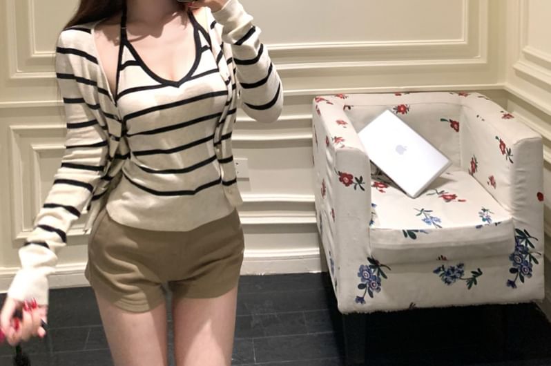 Halter Neck Striped Knit Top and Cardigan Set