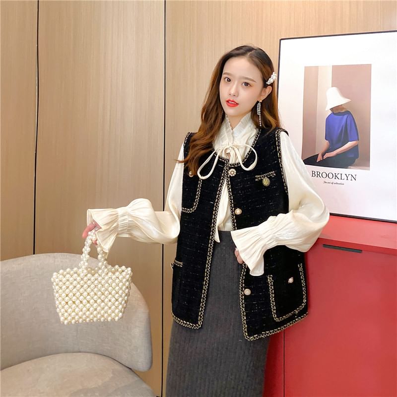 Round Neck Tweed Faux Pearl Button Vest