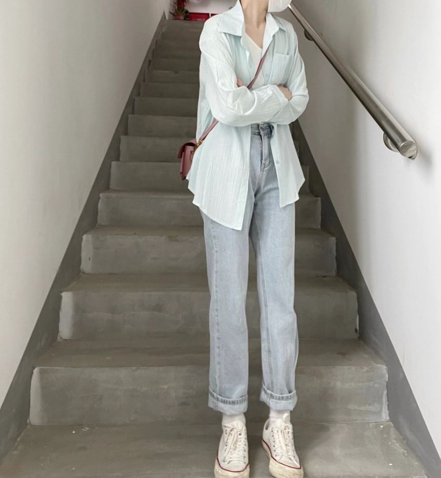 Long Sleeve Button-Down Shirt with Pocket Detail