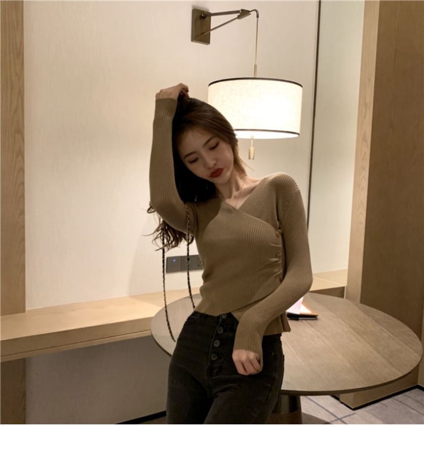 Ribbed Wrap V-Neck Long Sleeve Knit Top