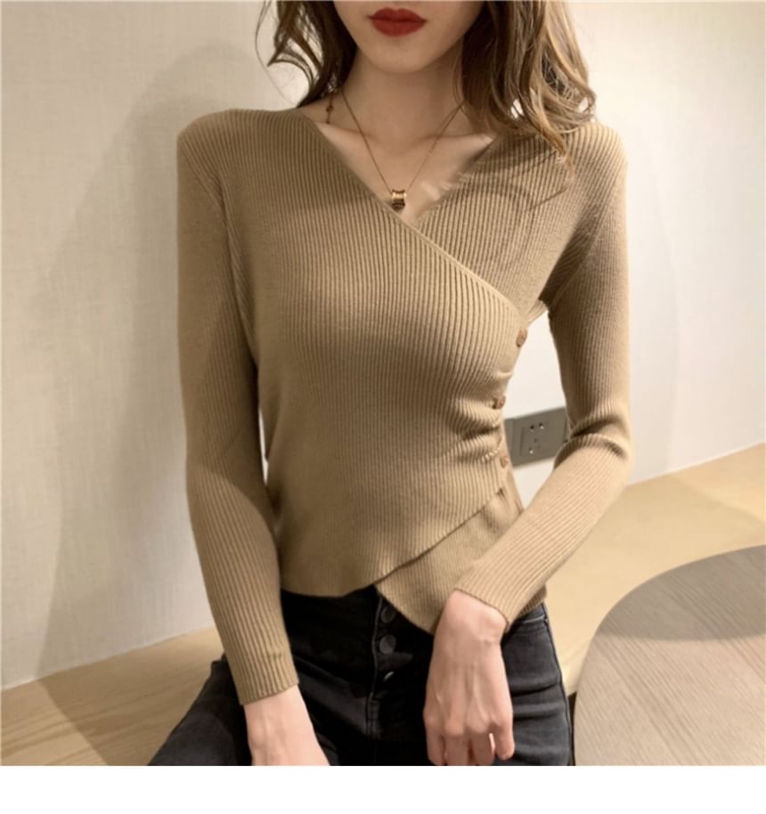 Ribbed Wrap V-Neck Long Sleeve Knit Top