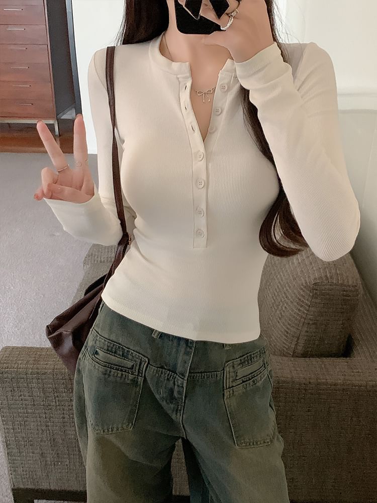 Long Sleeve Henley Neck Casual T-Shirt