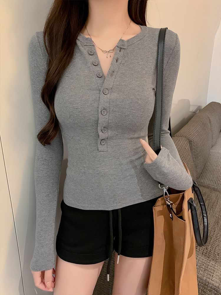 Long Sleeve Henley Neck Casual T-Shirt