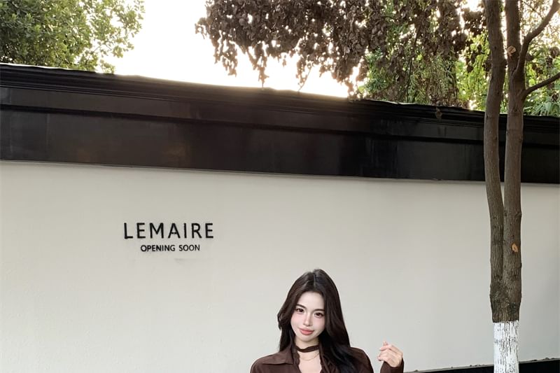 Puff-Sleeve Choker-Neck Button-Up Blouse / Leopard Mini A-Line Skirt