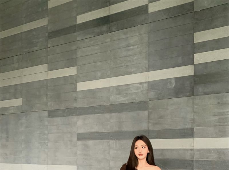 Two-Piece Set: Cold-Shoulder Asymmetric Slit Blouse & Flared Pants