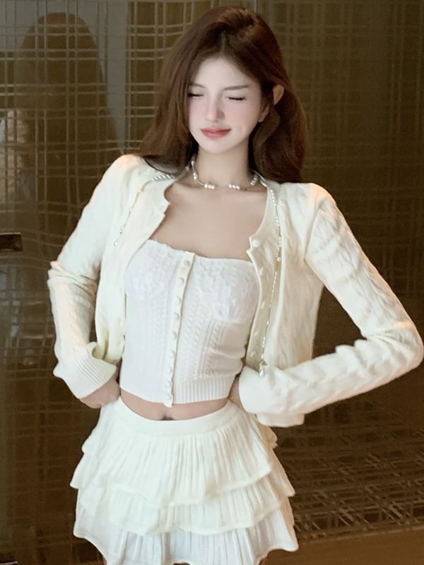 Round-Neck Cable-Knit Cardigan or Button Tube Top