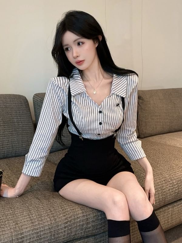 Striped Slim-Fit Long-Sleeve Shirt or High-Waist Shorts
