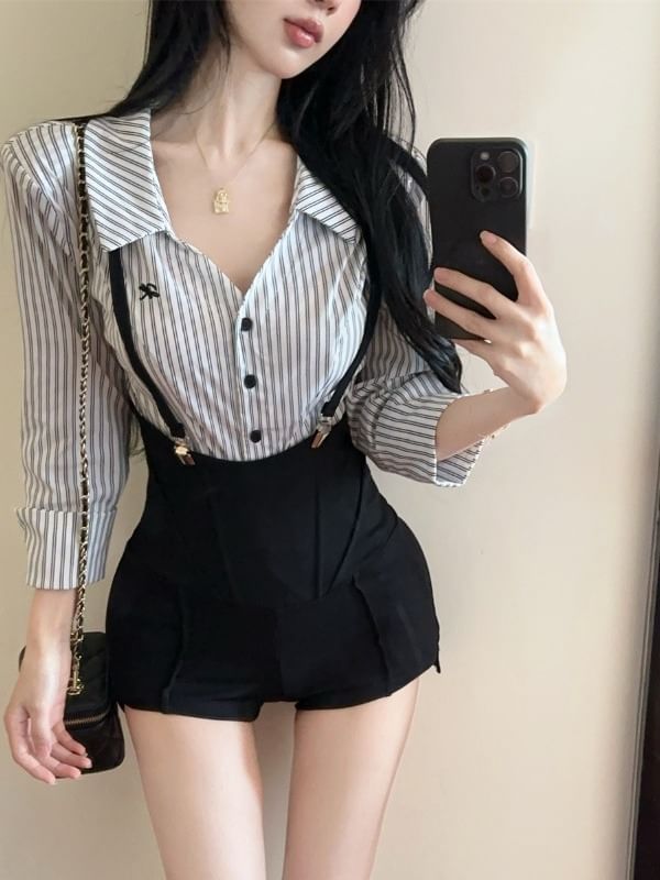 Striped Slim-Fit Long-Sleeve Shirt or High-Waist Shorts