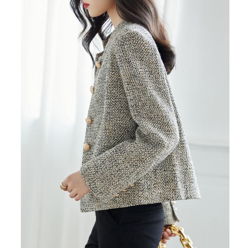 Stand Collar Tweed Button Jacket