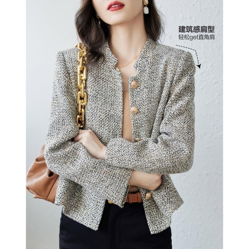 Stand Collar Tweed Button Jacket