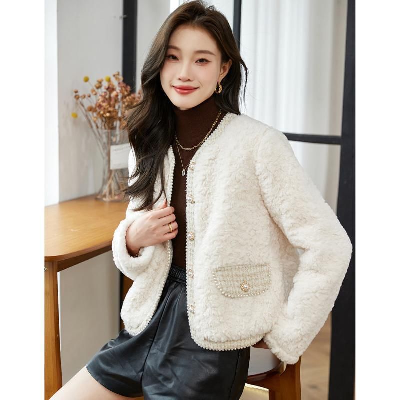 V-Neck Panel Tweed Faux Pearl Button Teddy Jacket