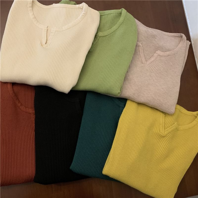 Notch-Neck Long-Sleeve Ribbed Knit Tee