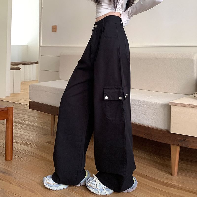 Mid Waist Plain Wide Leg Cargo Pants