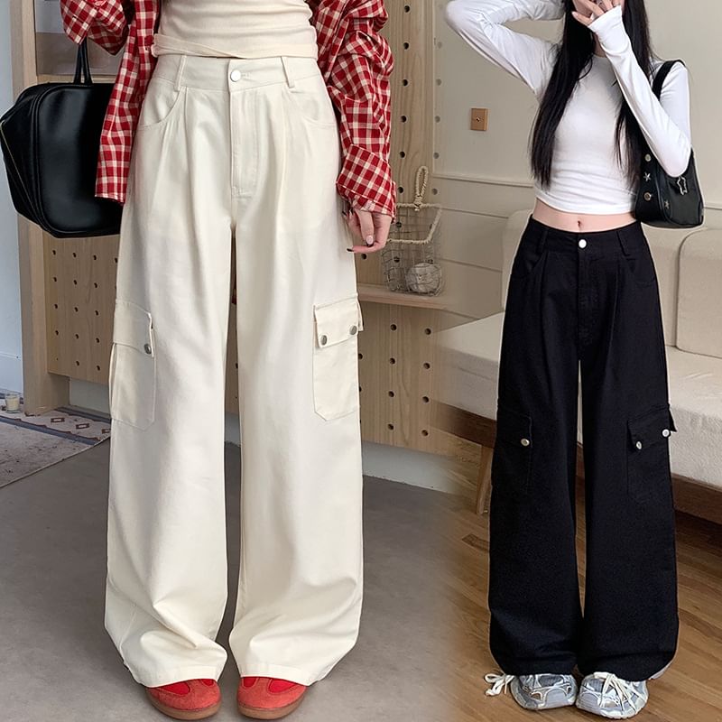 Mid Waist Plain Wide Leg Cargo Pants