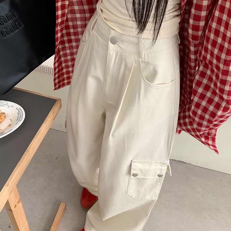 Mid Waist Plain Wide Leg Cargo Pants
