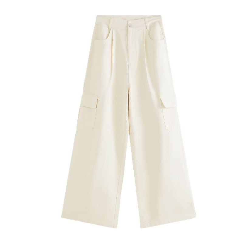 Mid Waist Plain Wide Leg Cargo Pants