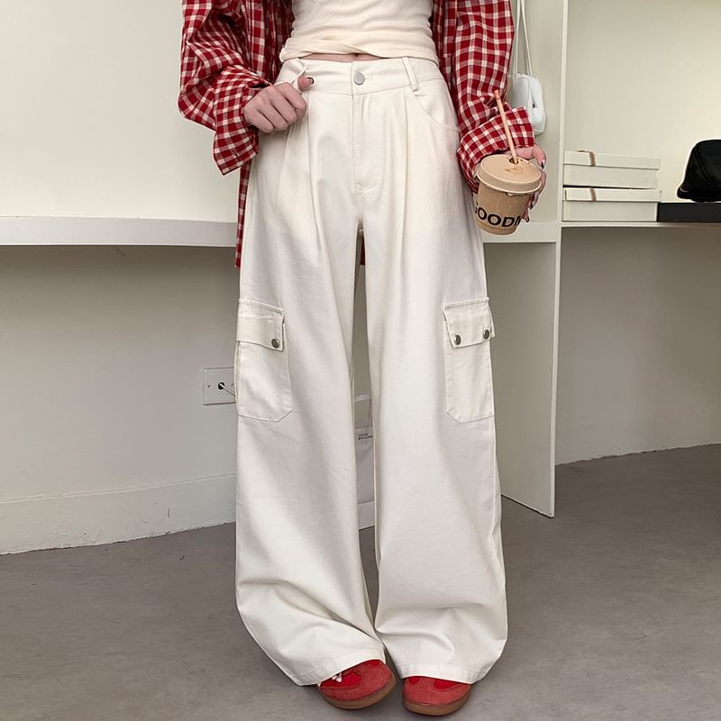 Mid Waist Plain Wide Leg Cargo Pants