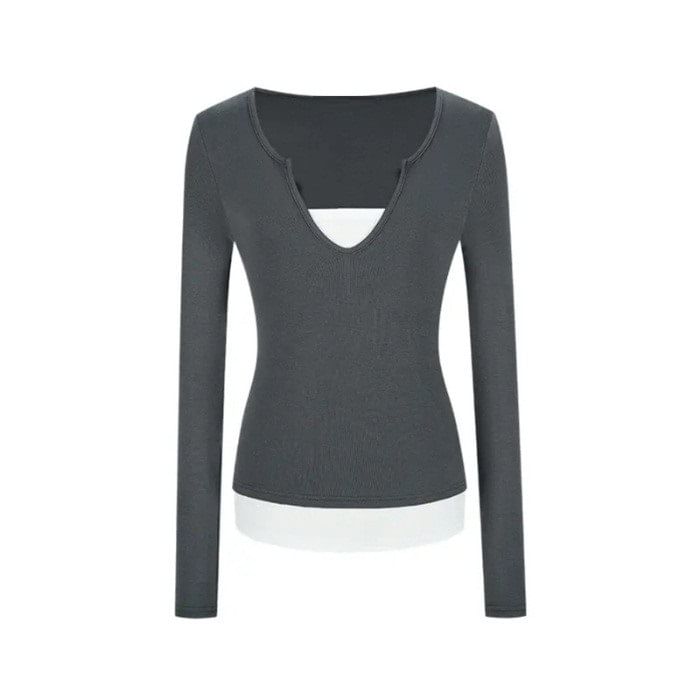 Notch Neck Mock Two-Piece Long Sleeve T-Shirt