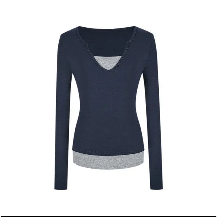 Notch Neck Mock Two-Piece Long Sleeve T-Shirt