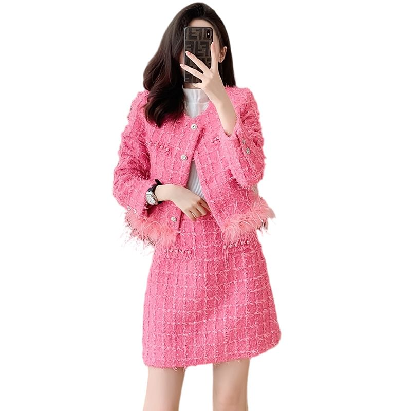 Set: Round Neck Fringed Tweed Button Jacket + High Waist Mini A-Line Skirt