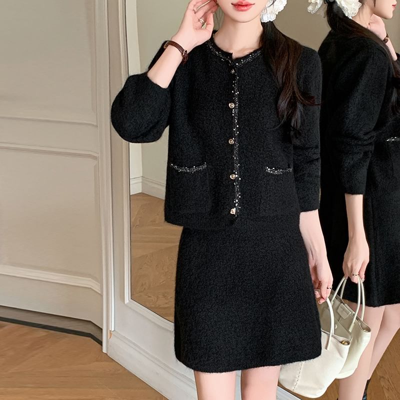 Set: Tweed Sequin Trim Button-Up Jacket + Mini Skirt