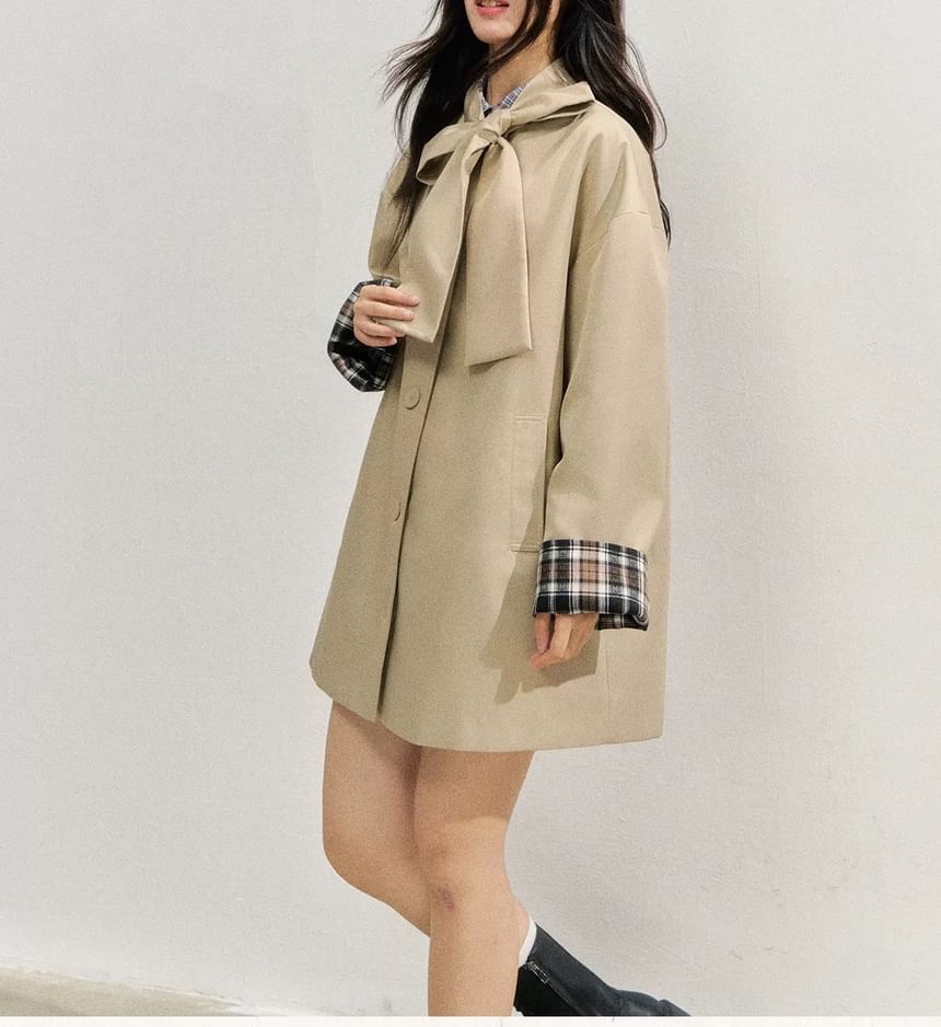 Plaid Panel Bow Single-Breasted Trench Coat