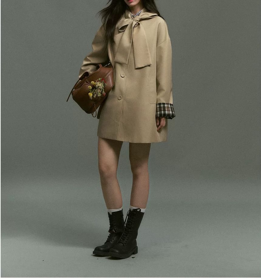 Plaid Panel Bow Single-Breasted Trench Coat