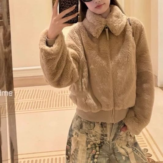 Collar Plain Fleece Zip Jacket