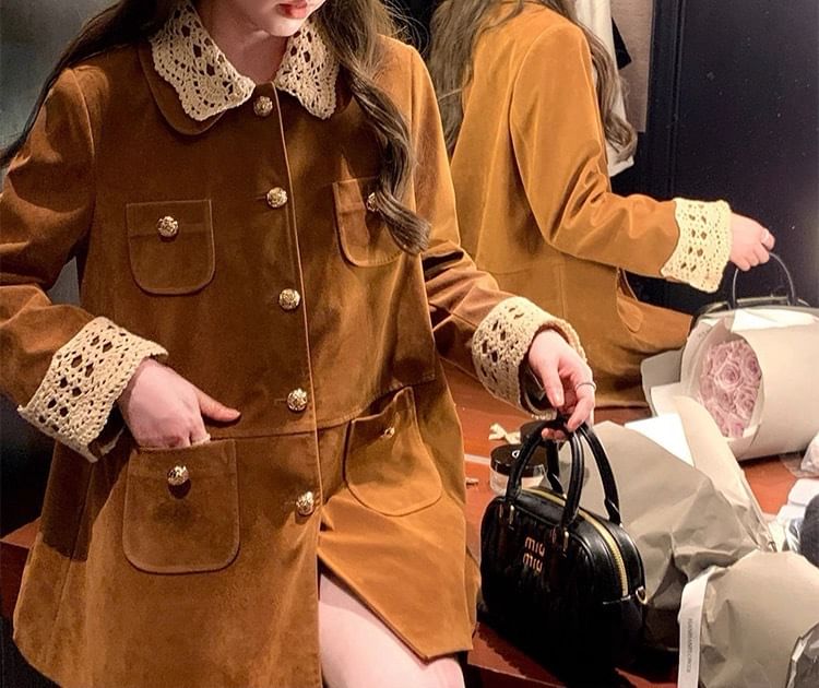 Collar Contrast Lace Trim Single-Breasted Coat