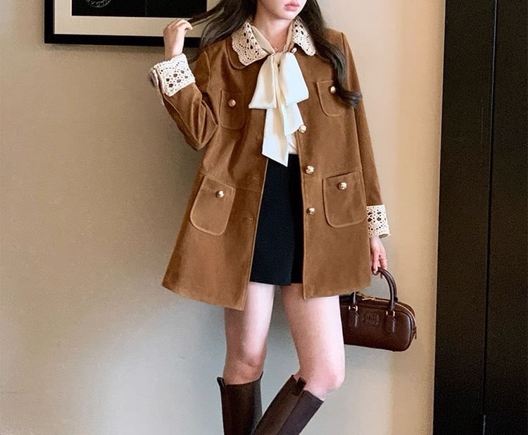 Collar Contrast Lace Trim Single-Breasted Coat
