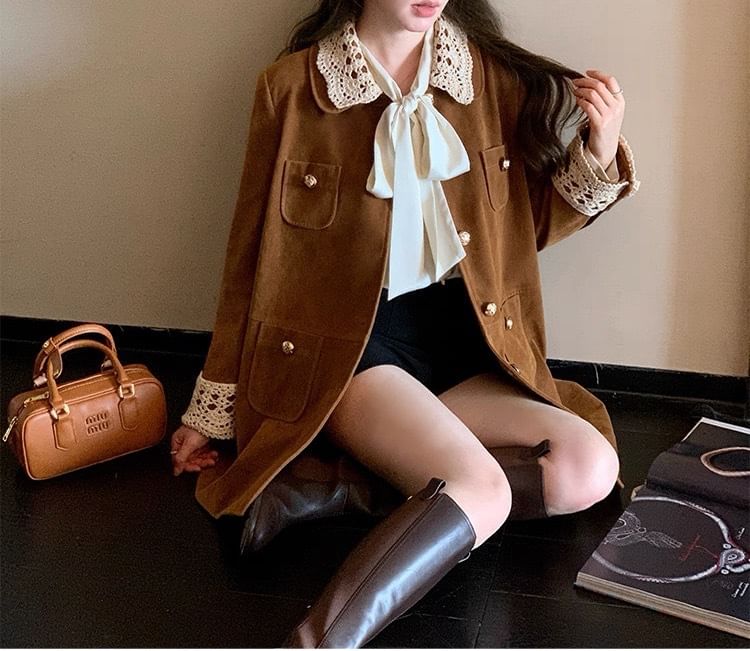 Collar Contrast Lace Trim Single-Breasted Coat